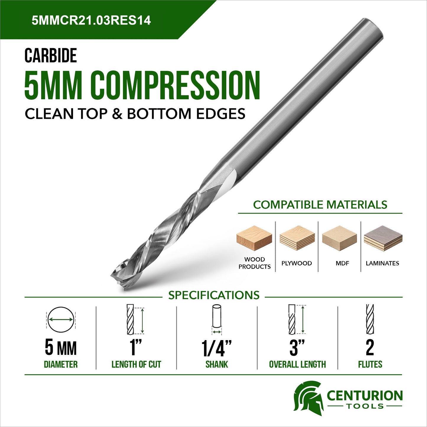 5mm Compression 2-Flute | 1" LOC | 3" OAL | 1/4" Shank | Plunge End
