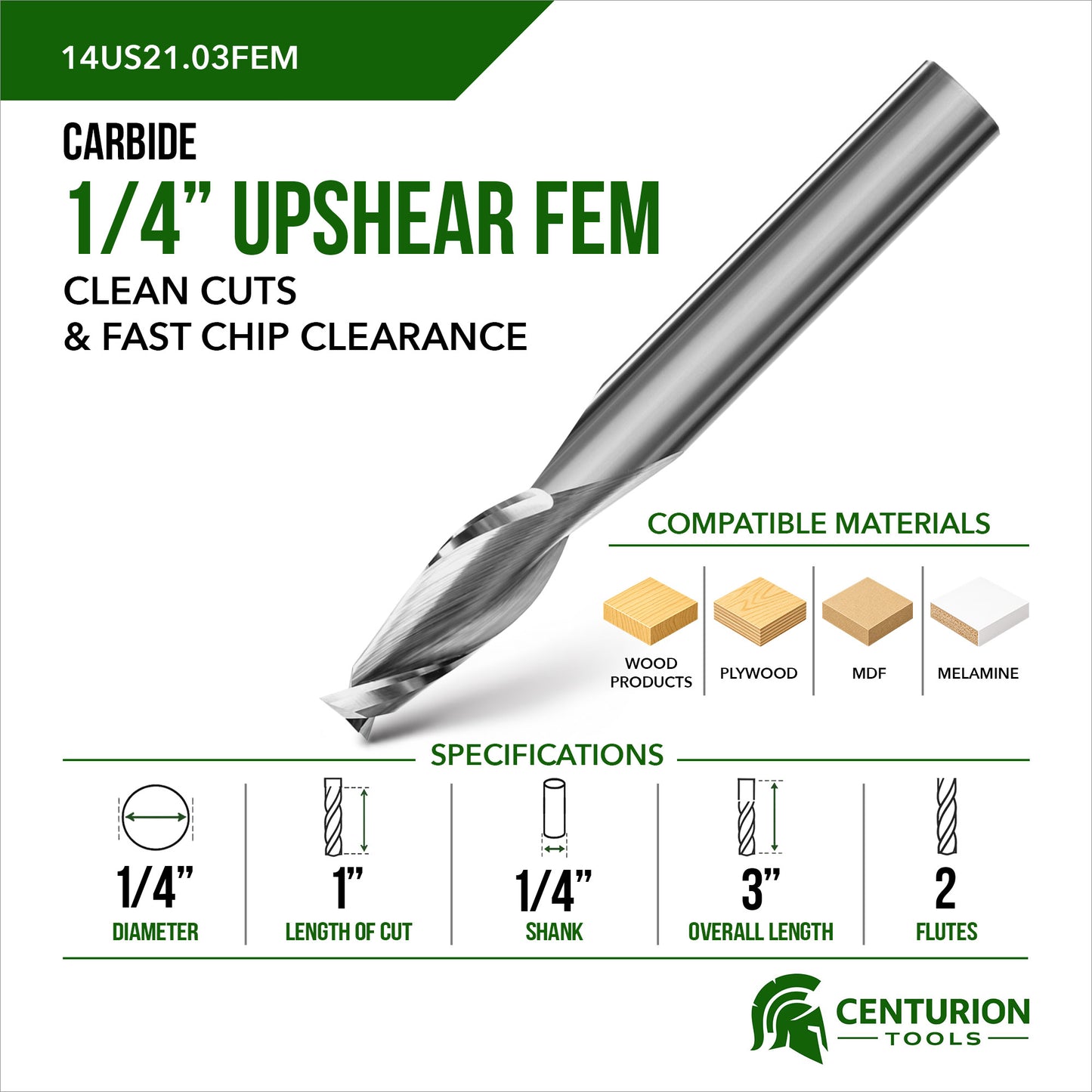 1/4" Upshear Spiral 2-Flute | 1" LOC | 3" OAL | 1/4" Shank | FEM