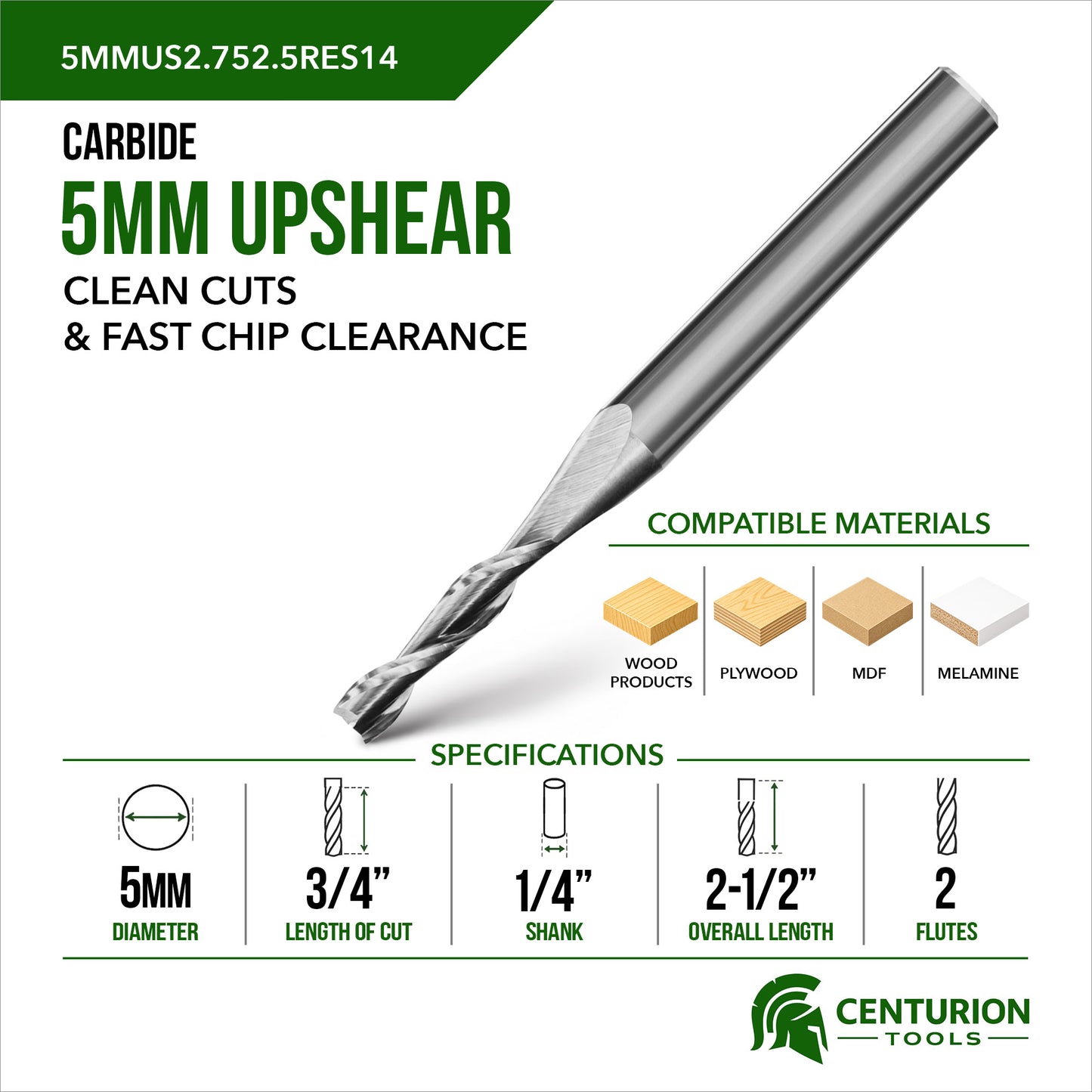 5mm Upshear Spiral 2-Flute | 3/4" LOC | 2-1/2" OAL | 1/4" Shank | Plunge End