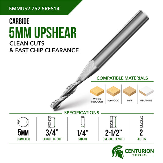 5mm Upshear Spiral 2-Flute | 3/4" LOC | 2-1/2" OAL | 1/4" Shank | Plunge End