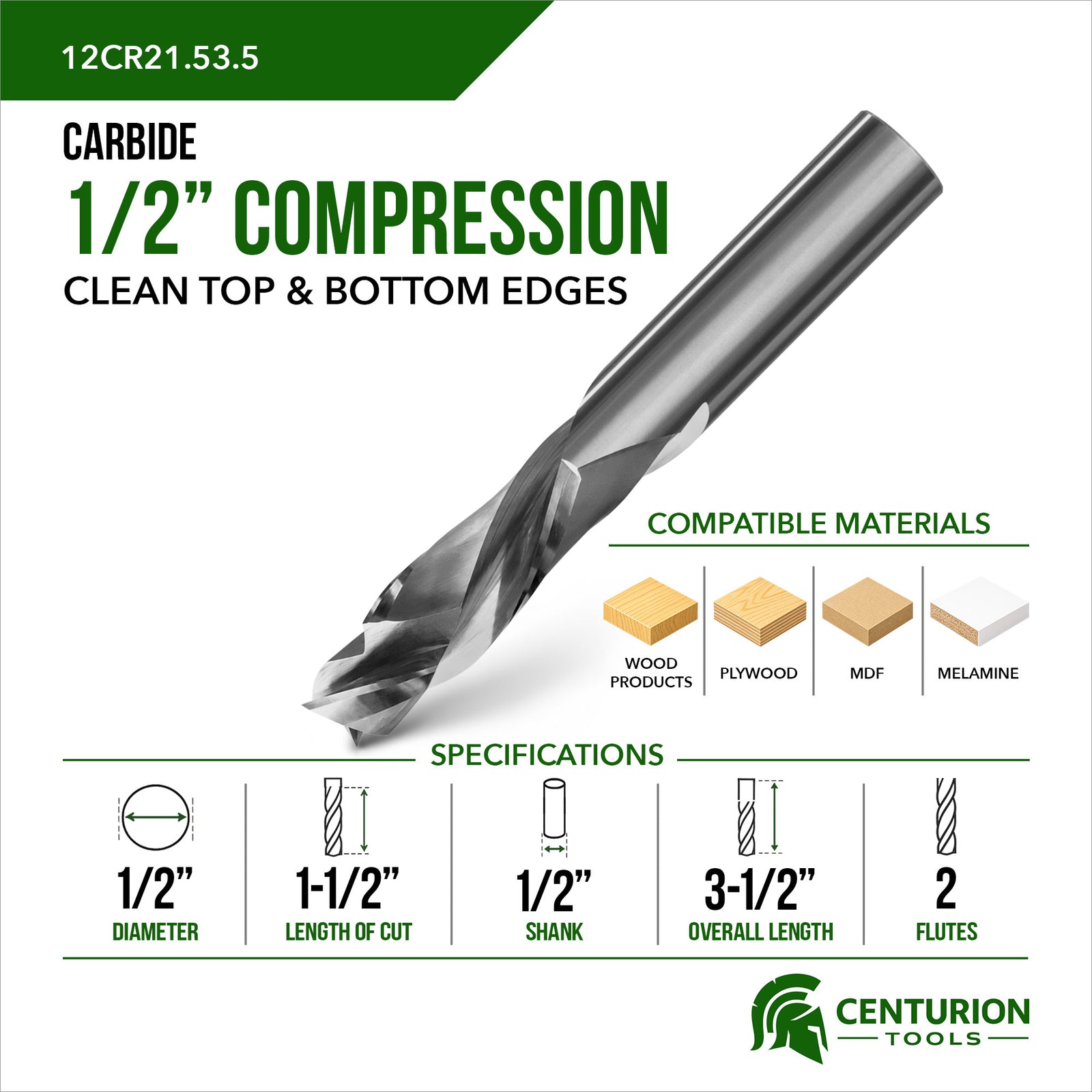 1/2" Compression 2-Flute | 1-1/2" LOC | 3-1/2" OAL | 1/2" Shank | Plunge End