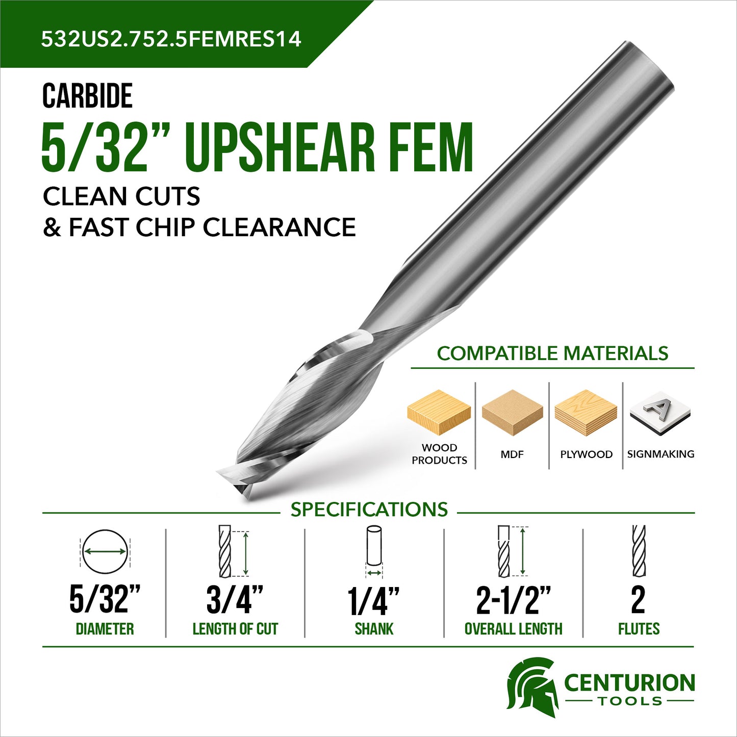 5/32" Upshear Spiral 2-Flute | 3/4" LOC | 2-1/2" OAL | 1/4" Shank | FEM