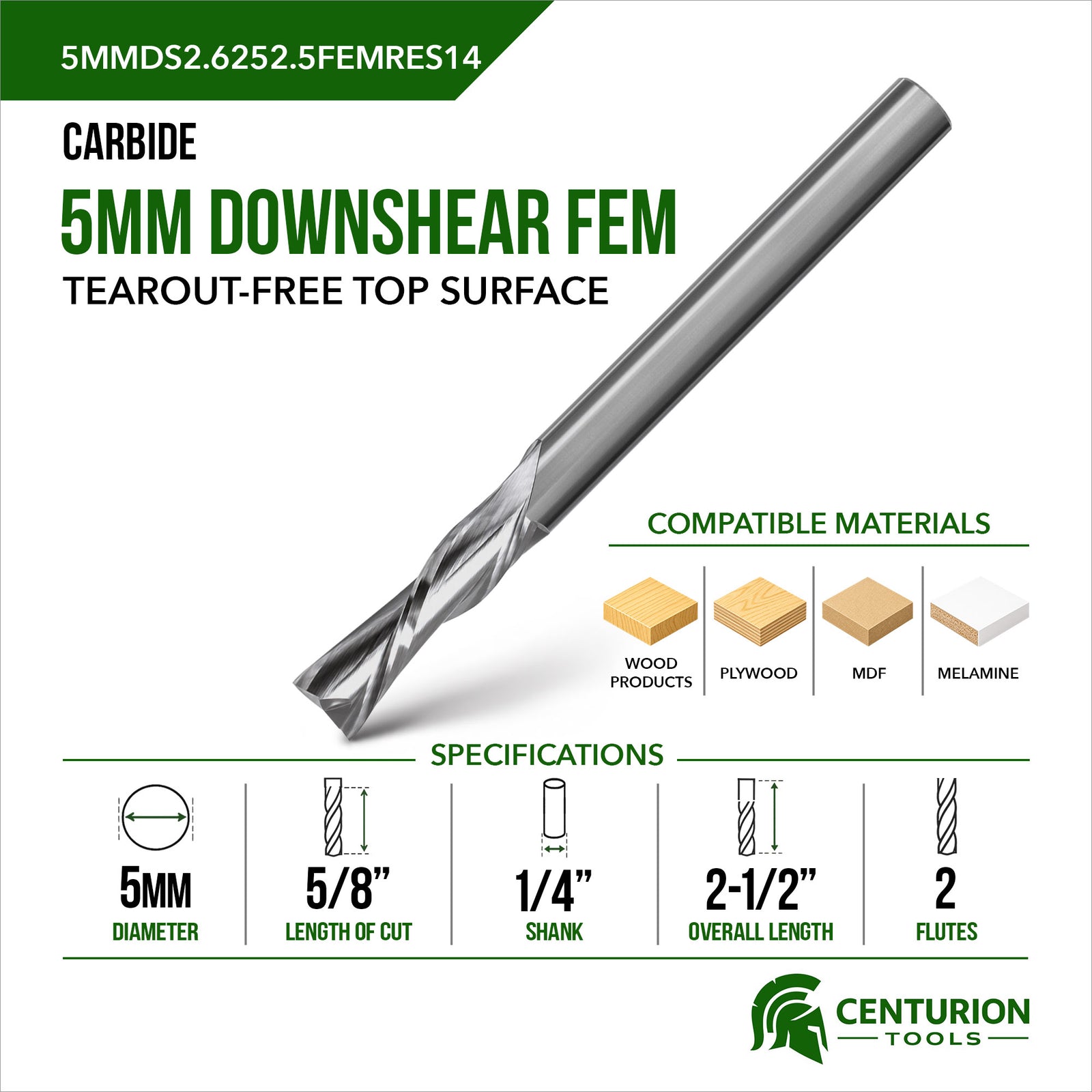 5mm Downshear Spiral 2-Flute | 5/8" LOC | 2-1/2" OAL | 1/4" Shank | FEM