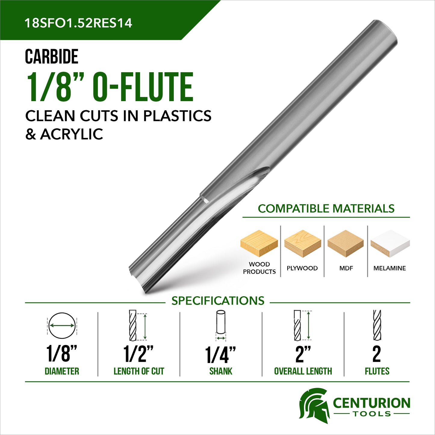 1/8" O-Flute Straight 2-Flute | 1/2" LOC | 2" OAL | 1/4" Shank | Plunge End