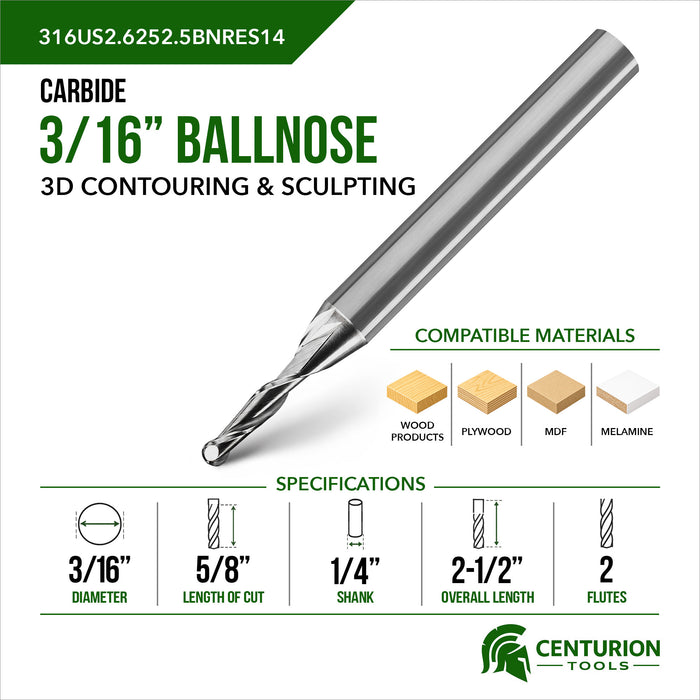 3/16 Ballnose 2 Flute 5/8 Cut Length 1/4" Shank 2-1/2" Overall Length