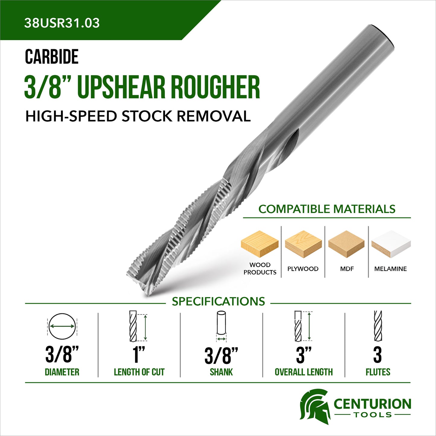 3/8" Upshear Rougher 3-Flute | 1" LOC | 3" OAL | 3/8" Shank