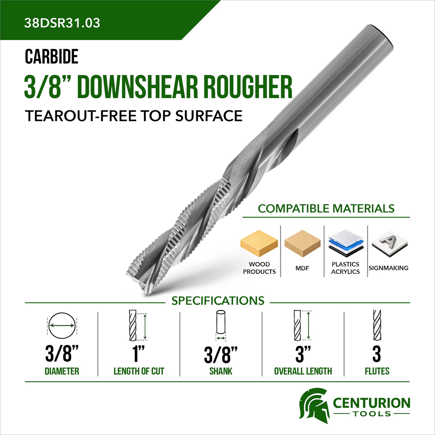 3/8" Downshear Rougher 3-Flute | 1" LOC | 3" OAL | 3/8" Shank