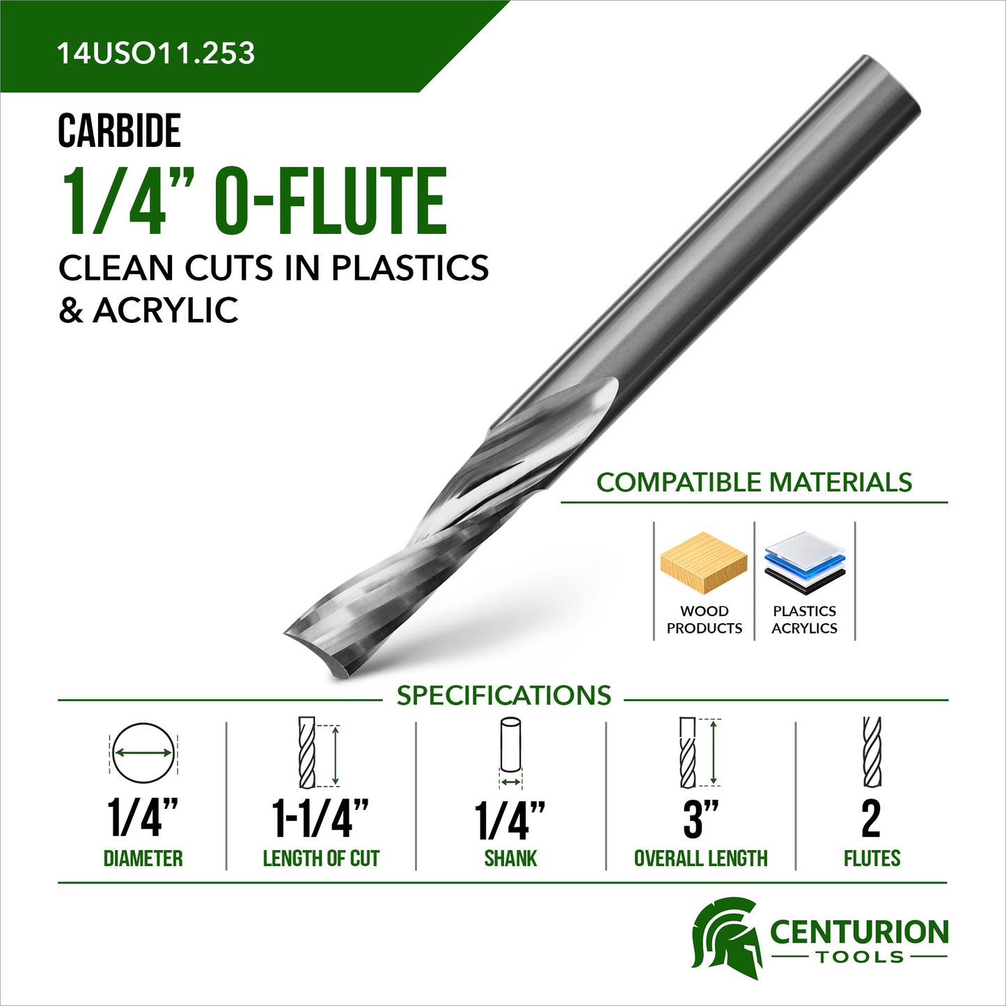 1/4" O-Flute Upshear 2-Flute | 1-1/4" LOC | 3" OAL | 1/4" Shank