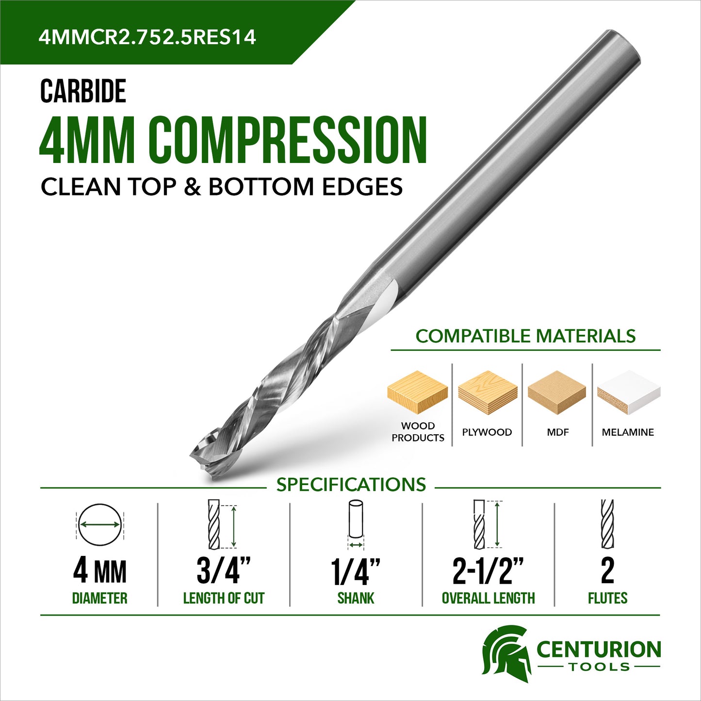 4MM Compression 2-Flute | 3/4" LOC | 2-1/2" OAL | 1/4" Shank | Plunge End