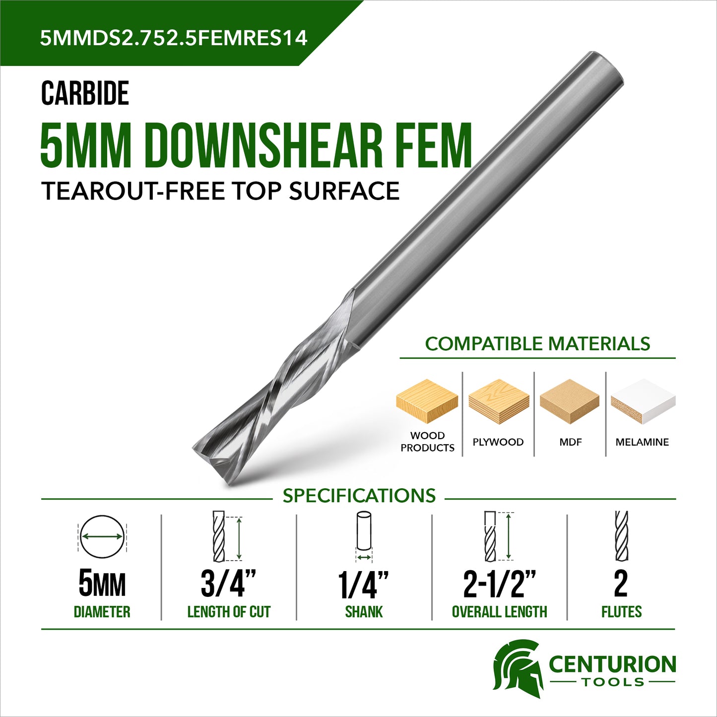 5mm Downshear Spiral 2-Flute | 3/4" LOC | 2-1/2" OAL | 1/4" Shank | FEM