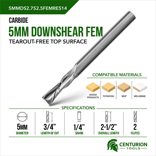 5mm Downshear Spiral 2-Flute | 3/4" LOC | 2-1/2" OAL | 1/4" Shank | FEM
