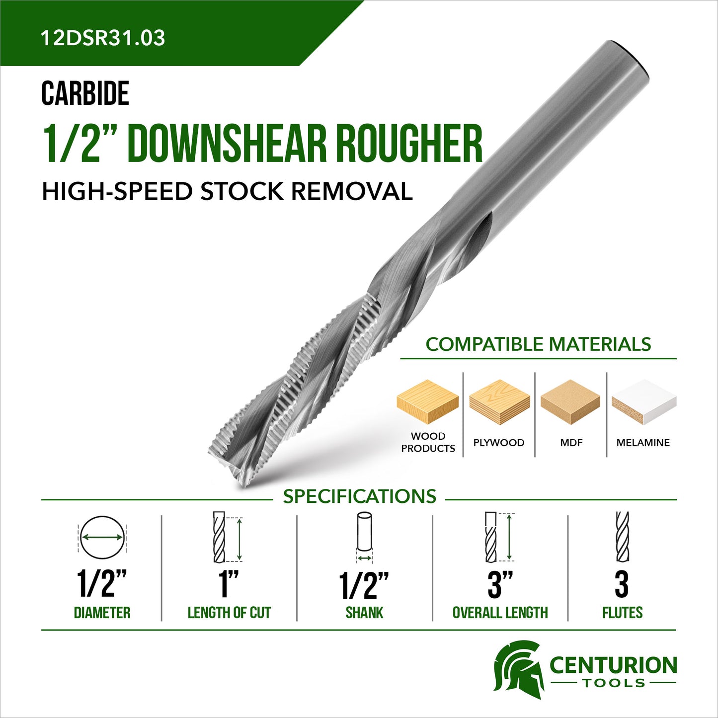 1/2" Downshear Rougher 3-Flute | 1" LOC | 3" OAL | 1/2" Shank