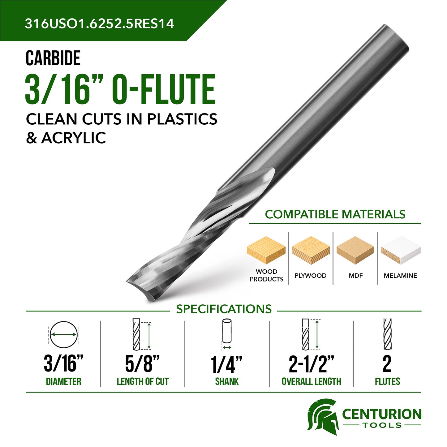 3/16" O-Flute Upshear 2-Flute | 5/8" LOC | 2-1/2" OAL | 1/4" Shank | Plunge End