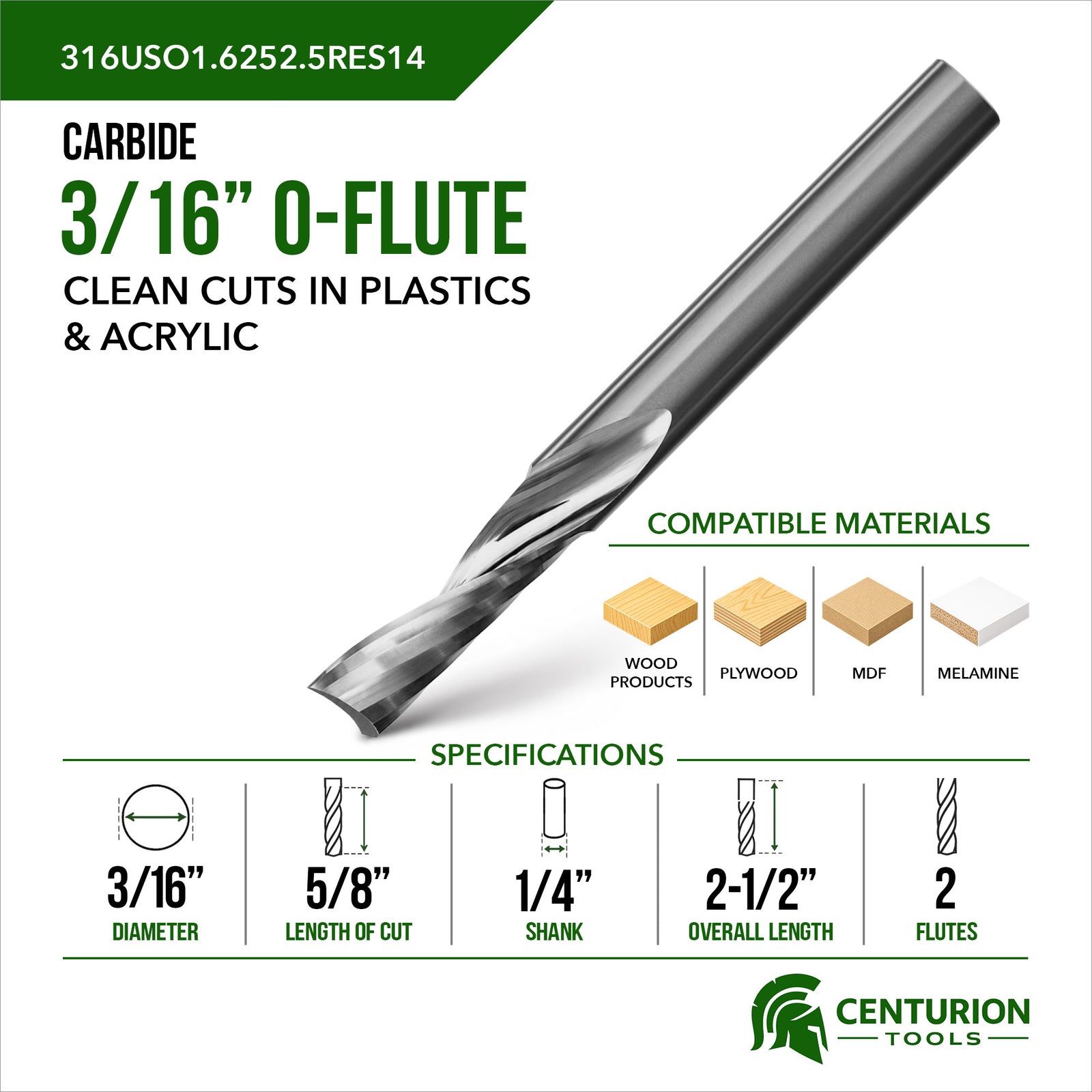 3/16" O-Flute Upshear 2-Flute | 5/8" LOC | 2-1/2" OAL | 1/4" Shank | Plunge End