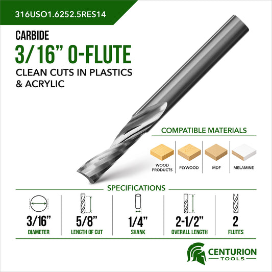 3/16" O-Flute Upshear 2-Flute | 5/8" LOC | 2-1/2" OAL | 1/4" Shank | Plunge End
