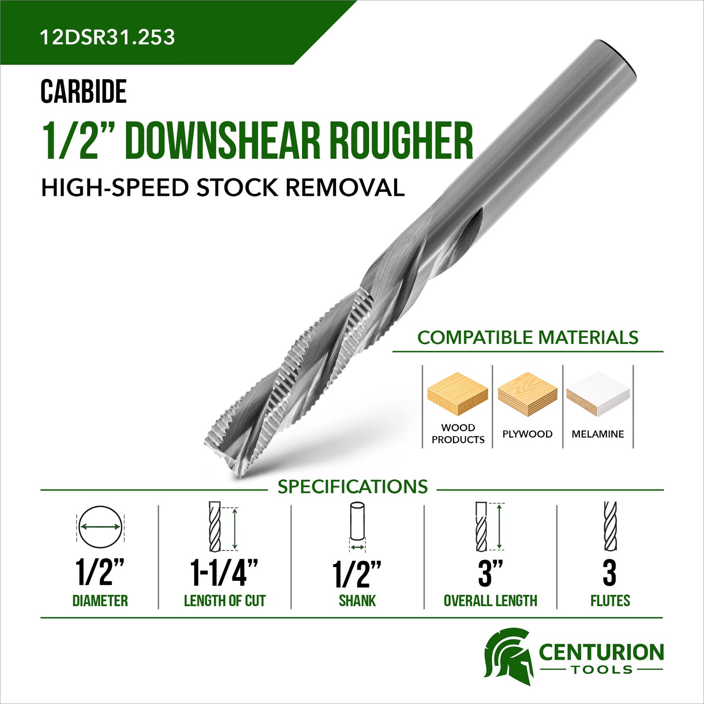 1/2" Downshear Rougher 3-Flute | 1-1/4" LOC | 3" OAL | 1/2" Shank