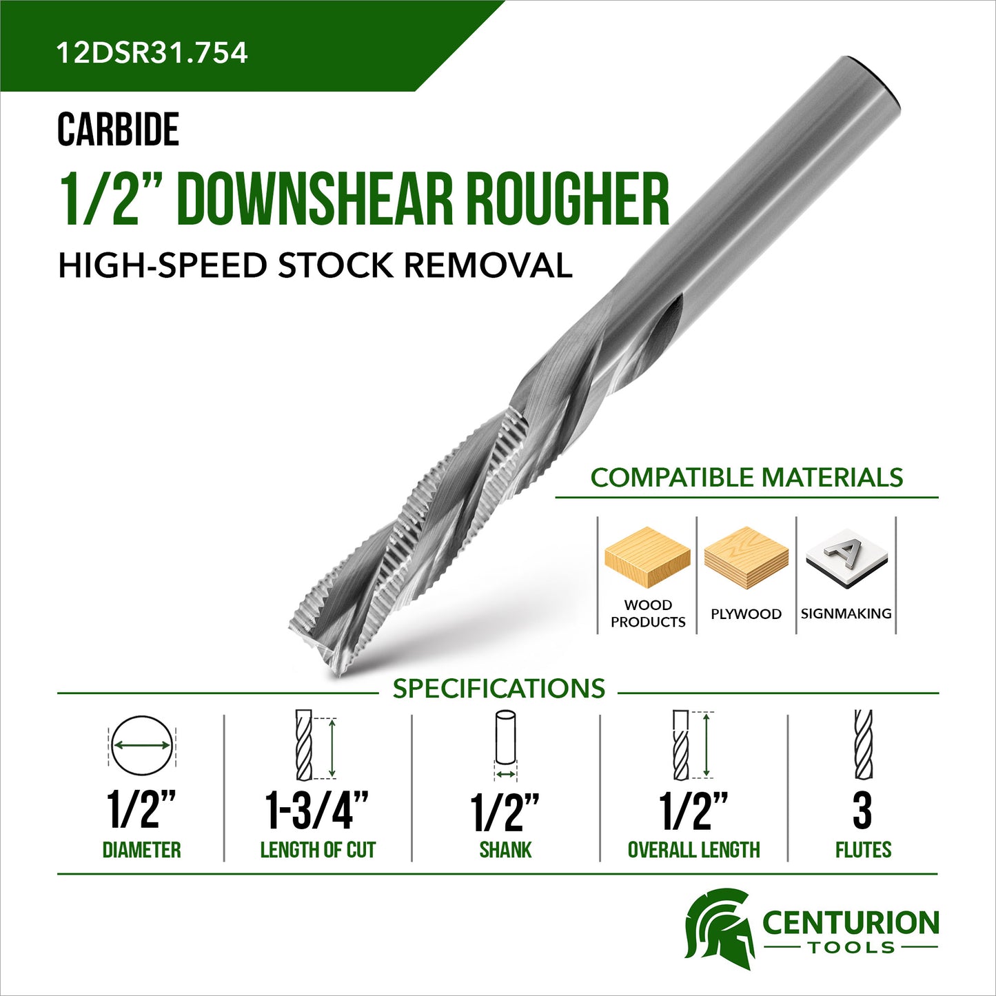 1/2" Downshear Rougher 3-Flute | 1-3/4" LOC | 4" OAL | 1/2" Shank