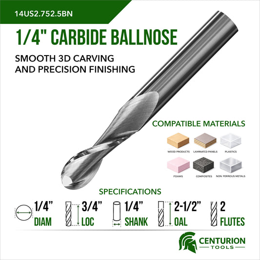 1/4" Diameter 2 Flute Upshear Ballnose 3/4" Cut Length 2-1/2" Overall Length