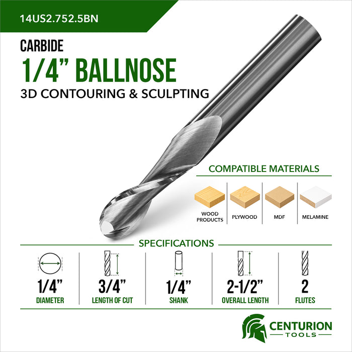 1/4" Diameter 2 Flute Upshear Ballnose 3/4" Cut Length 2-1/2" Overall Length