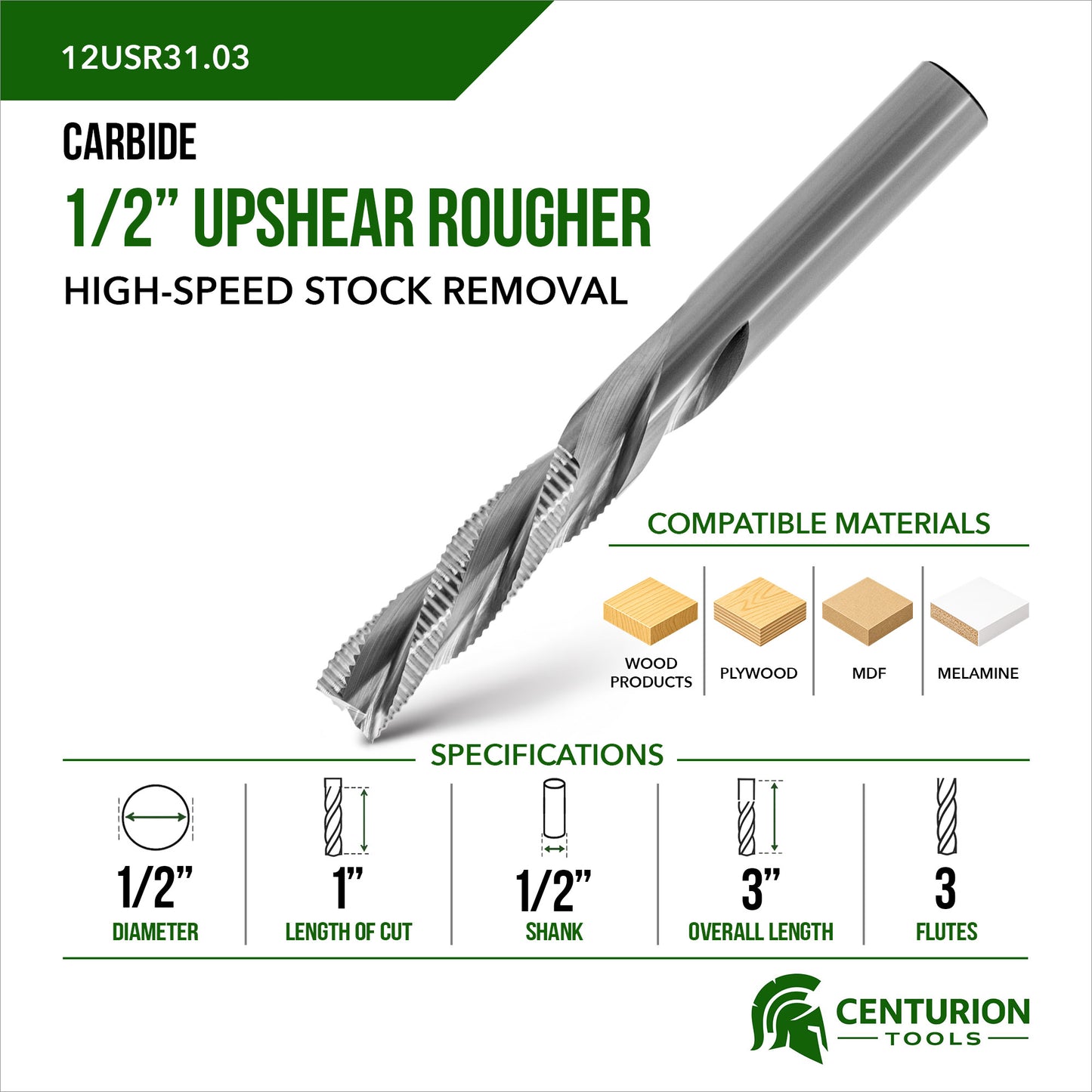 1/2" Upshear Rougher 3-Flute | 1" LOC | 3" OAL | 1/2" Shank