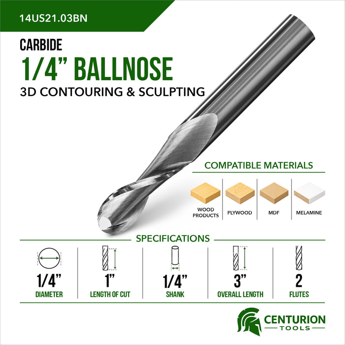 1/4" Ballnose 1" Cut Length 2 Flutes 3" Overall Length