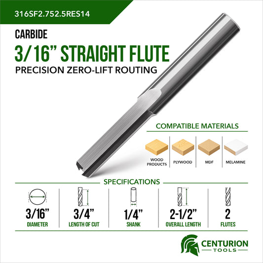 3/16" Straight Flute 2-Flute | 3/4" LOC | 2-1/2" OAL | 1/4" Shank | Plunge End