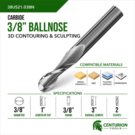 3/8" Ballnose 2-Flute | 1" LOC | 3" OAL | 3/8" Shank