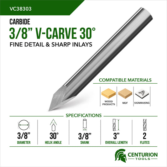 3/8" 30° V-Carve Bit | 3" OAL | 3/8" Shank
