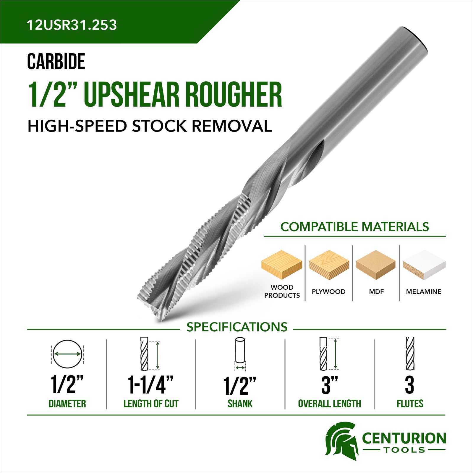 1/2" Upshear Rougher 3-Flute | 1-1/4" LOC | 3" OAL | 1/2" Shank