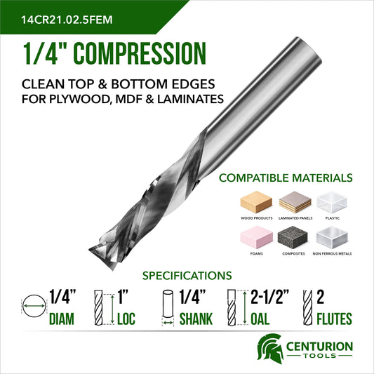 1/4" Compression 1" Cut Length 2-1/2" Overall length 2 Flute FEM End