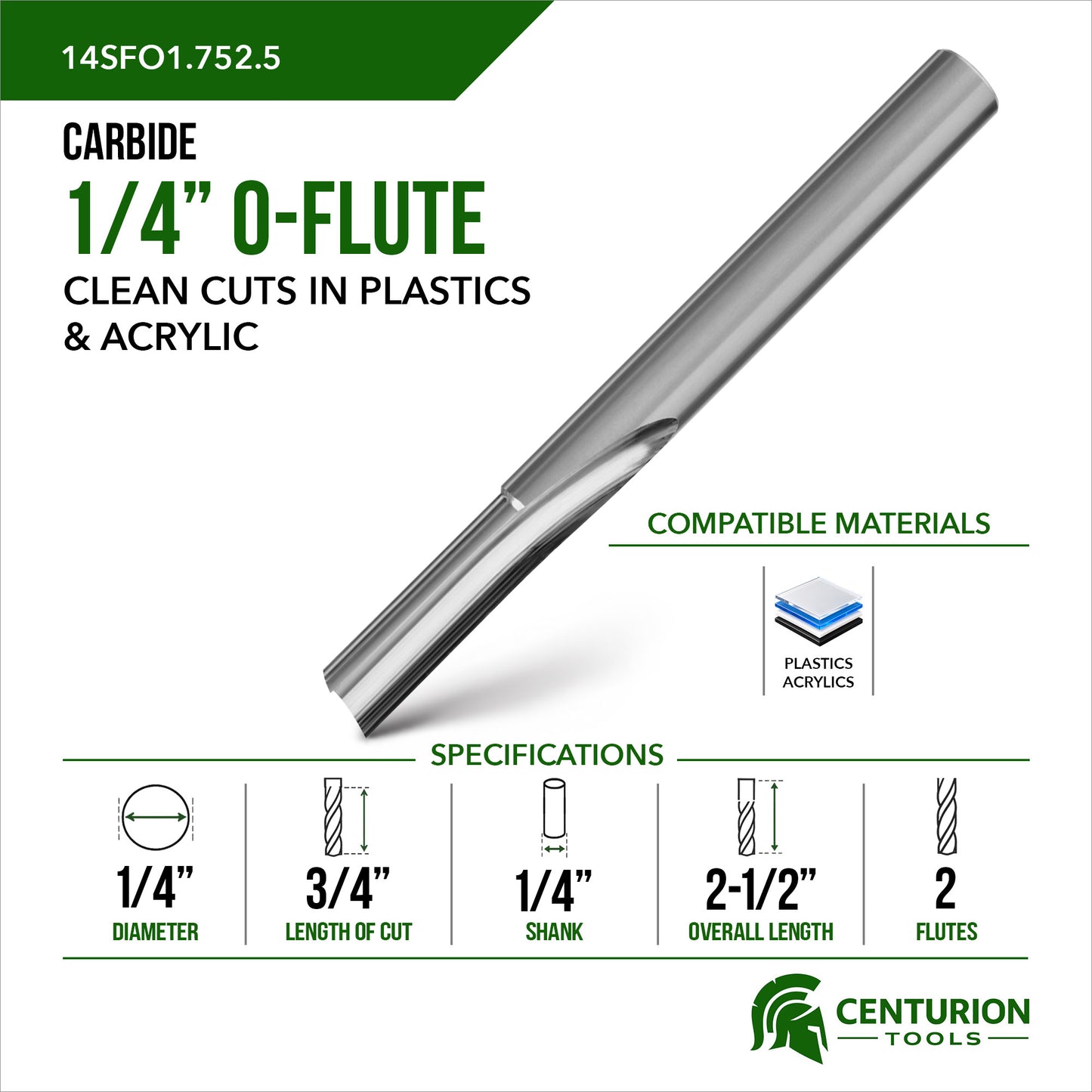 1/4" O-Flute Straight 2-Flute | 3/4" LOC | 2-1/2" OAL | 1/4" Shank
