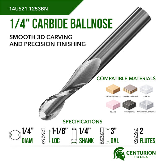 1/4" Diameter 2 Flute Upshear Ballnose 1-1/8" Cut Length 3" Overall Length