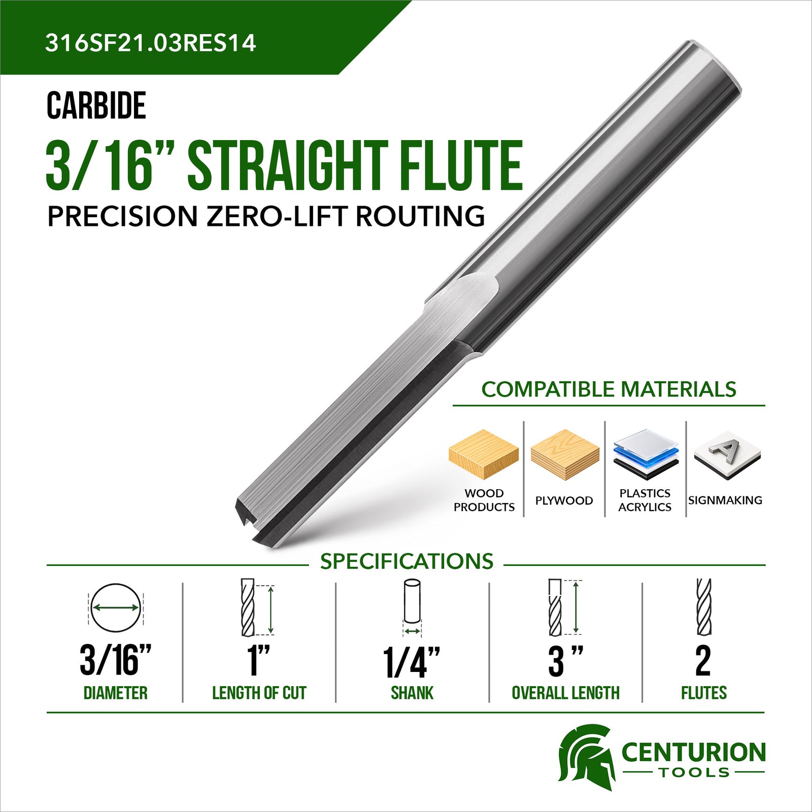 3/16" Straight Flute 2-Flute | 1" LOC | 3" OAL | 1/4" Shank | Plunge End