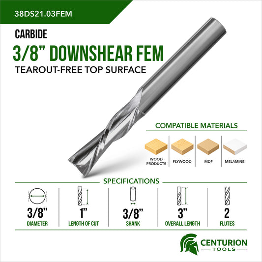 3/8" Downshear Spiral 2-Flute | 1" LOC | 3" OAL | 3/8" Shank | FEM
