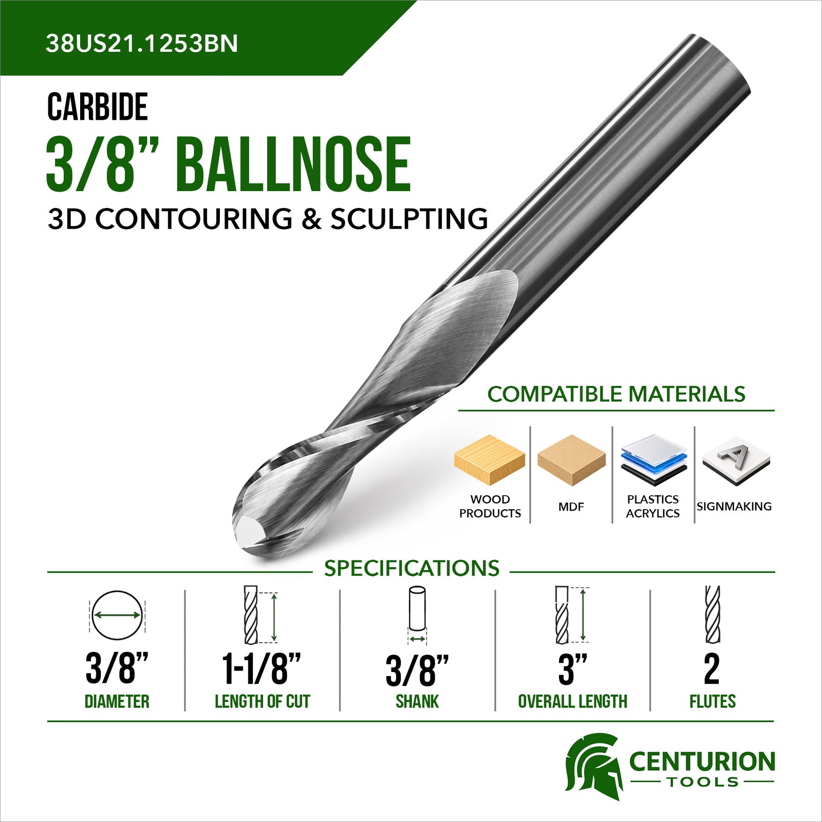 3/8" Ballnose 2-Flute | 1-1/8" LOC | 3" OAL | 3/8" Shank