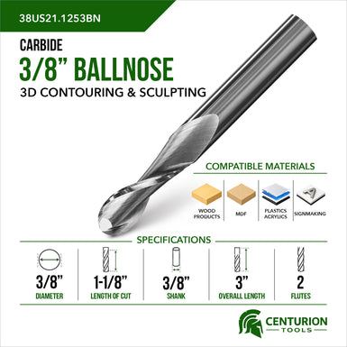 3/8" Ballnose 2-Flute | 1-1/8" LOC | 3" OAL | 3/8" Shank