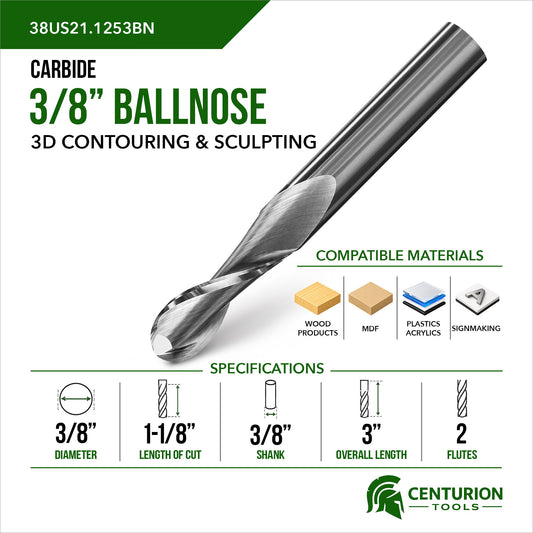3/8" Ballnose 2-Flute | 1-1/8" LOC | 3" OAL | 3/8" Shank