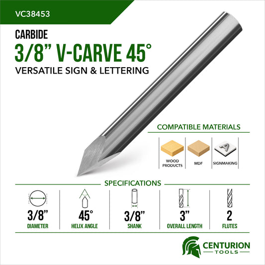 3/8" 45° V-Carve Bit | 3" OAL | 3/8" Shank