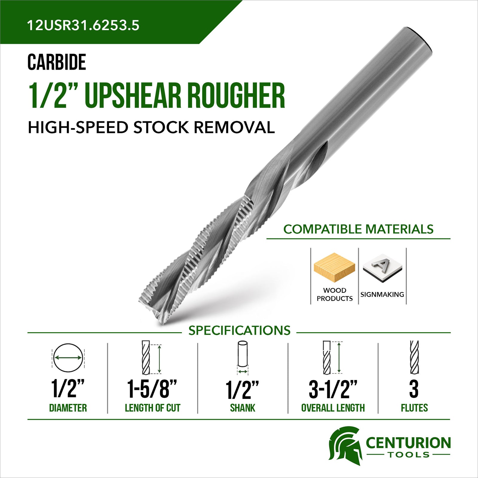 1/2" Upshear Rougher 3-Flute | 1-5/8" LOC | 3-1/2" OAL | 1/2" Shank