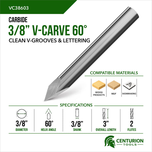 3/8" 60° V-Carve Bit | 3" OAL | 3/8" Shank