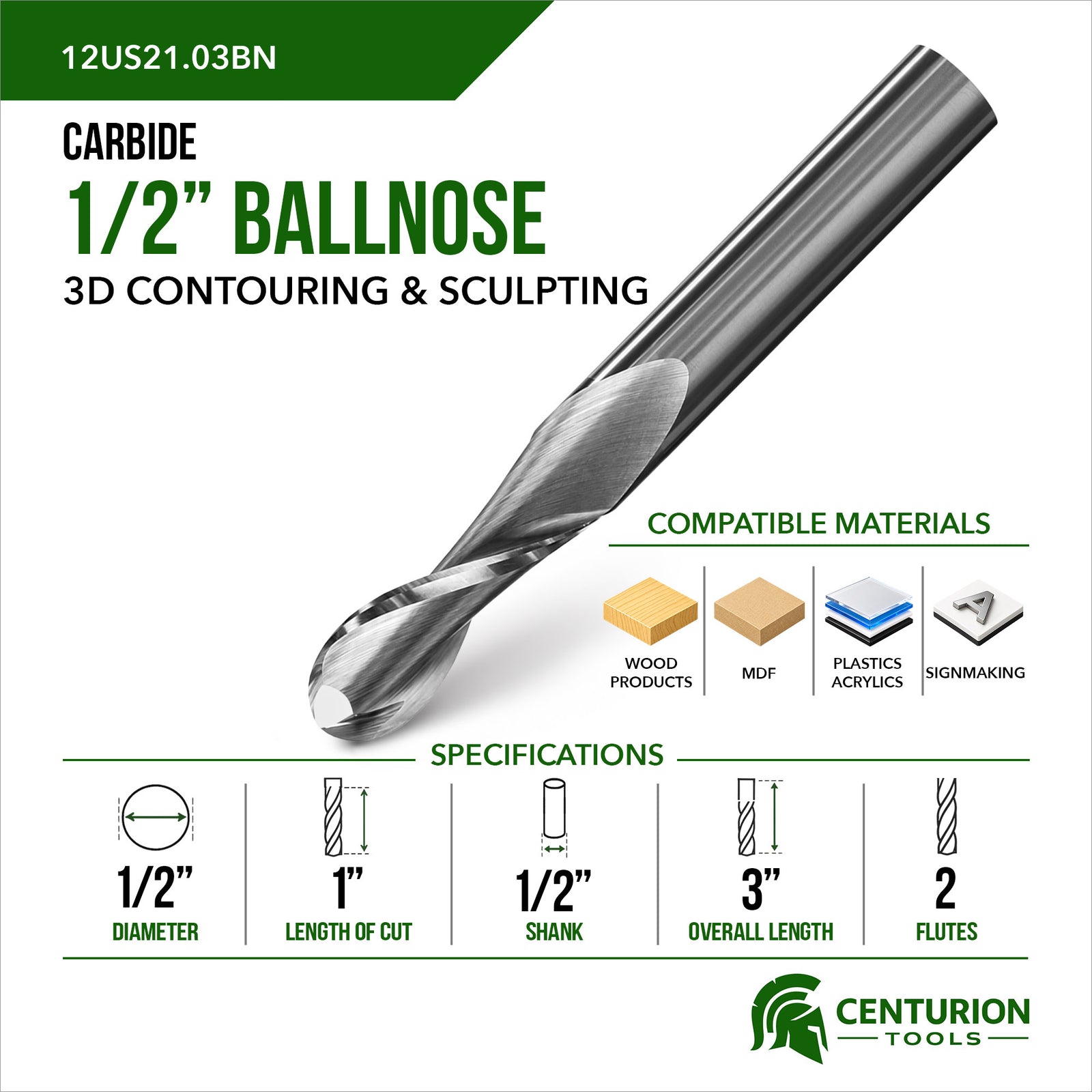 1/2" Ballnose 2-Flute | 1" LOC | 3" OAL | 1/2" Shank