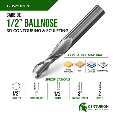 1/2" Ballnose 2-Flute | 1" LOC | 3" OAL | 1/2" Shank