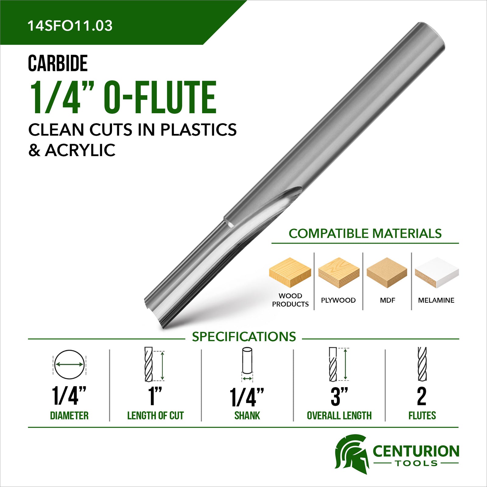 1/4" O-Flute Straight 2-Flute | 1" LOC | 3" OAL | 1/4" Shank