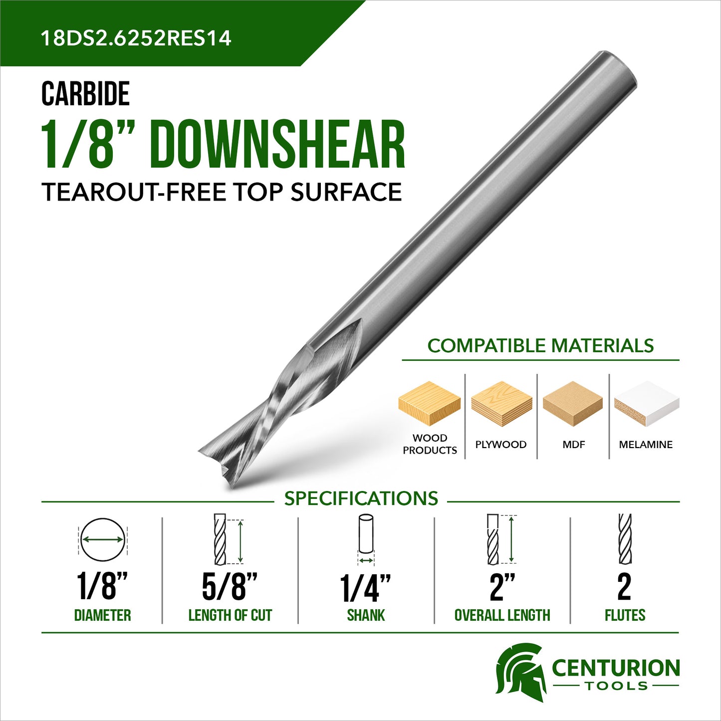 1/8" Downshear Spiral 2-Flute | 5/8" LOC | 2" OAL | 1/4" Shank | Plunge End