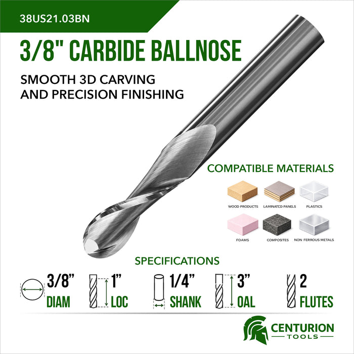 3/8" Diameter 1" Cut Length 2 Flute 3" Overall Length Ballnose