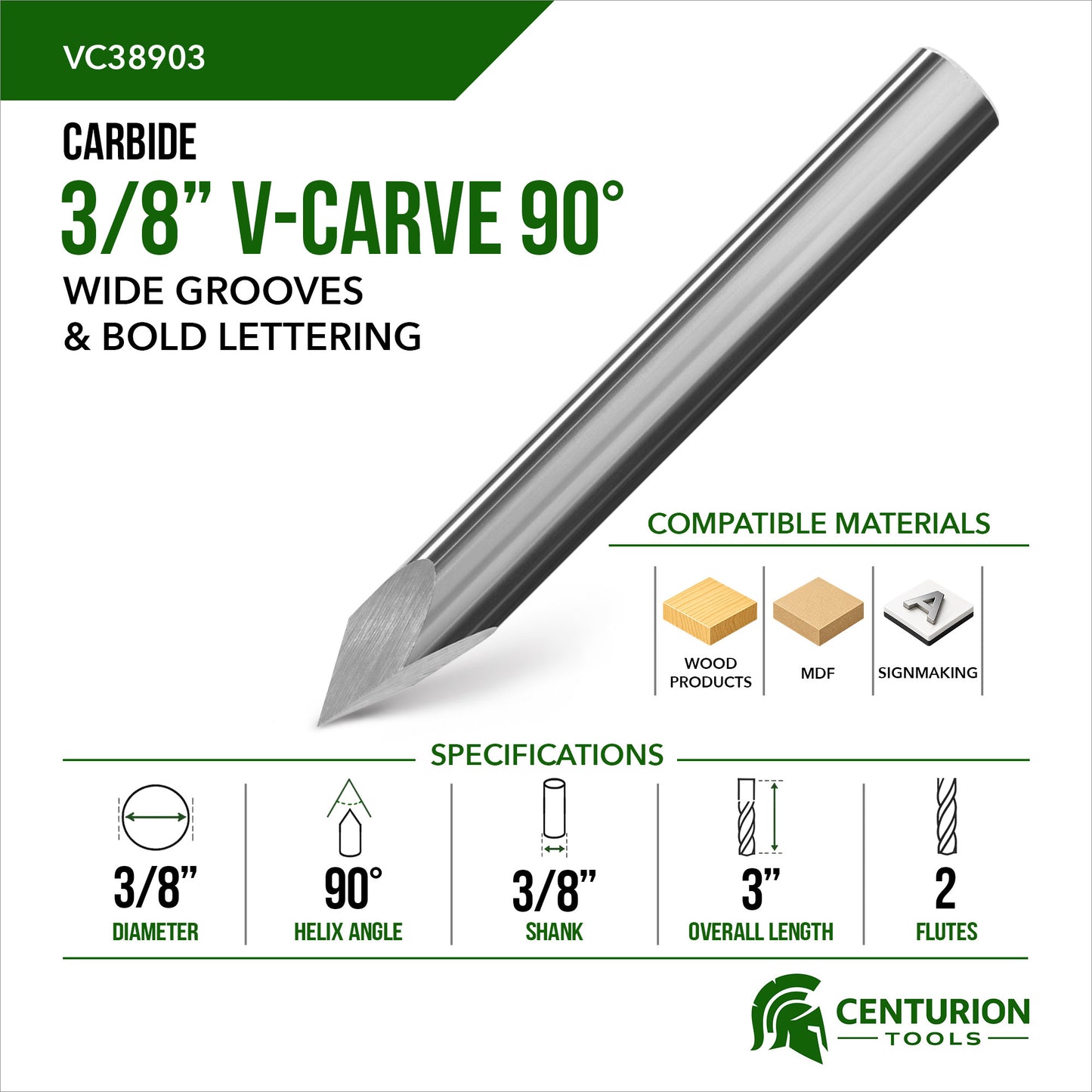 3/8" 90° V-Carve Bit | 3" OAL | 3/8" Shank