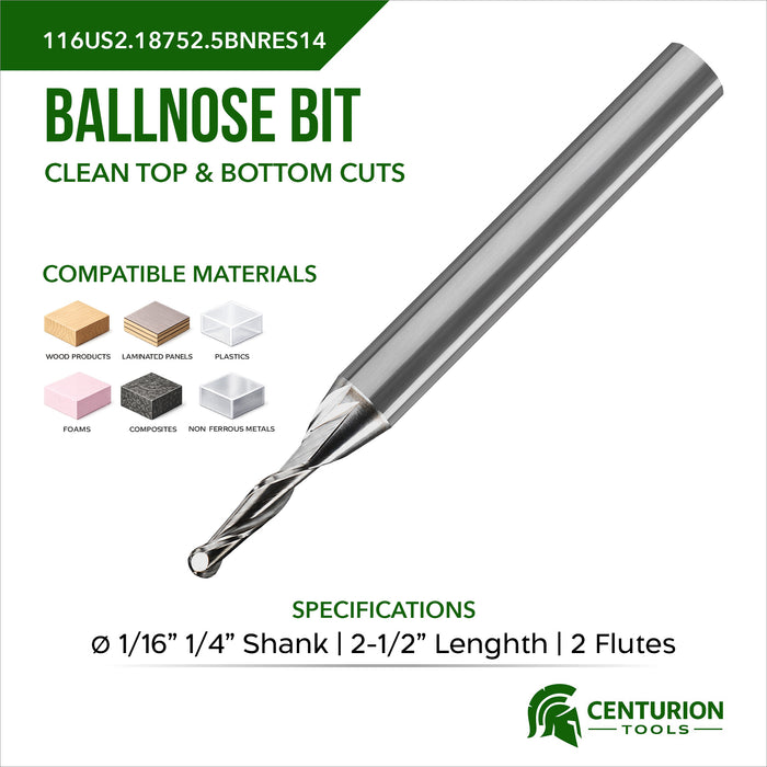 1/16  Ballnose 3/16 Cut Length 1/4 Shank 2-1/2" Overall Length