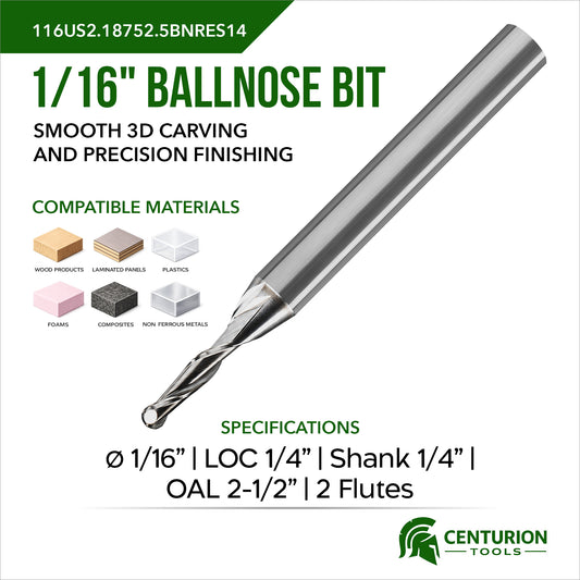 1/16  Ballnose 3/16 Cut Length 1/4 Shank 2-1/2" Overall Length