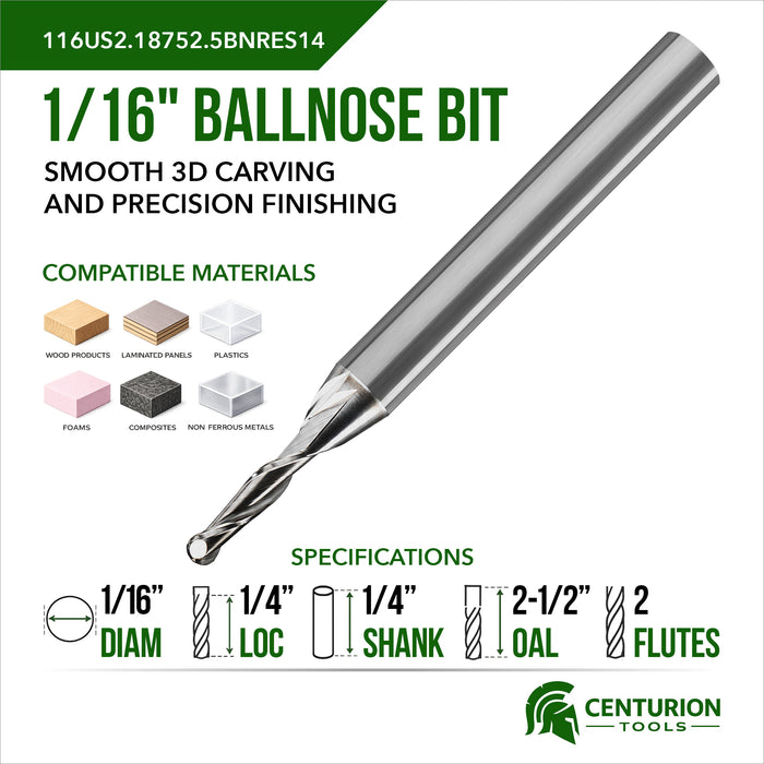 1/16  Ballnose 3/16 Cut Length 1/4 Shank 2-1/2" Overall Length