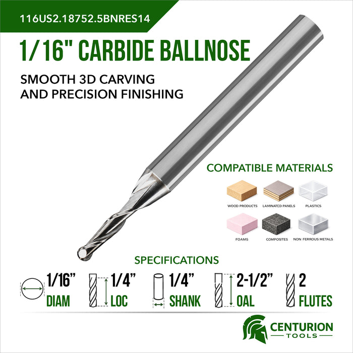 1/16  Ballnose 3/16 Cut Length 1/4 Shank 2-1/2" Overall Length